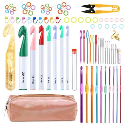 ∋ MIUSIE Knitted Needles Set With Plastic/Aluminum Crochet Hooks Tape Measure Large Eye Leather Sewing Needles Plastic Clips