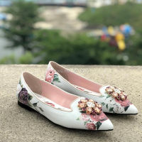 Qianruiti Chaussures Ballerines Rose Print Flat Women Shoes Pointed Toe Loafers Floral Crystal Oxford Shoes Mocassino Donna