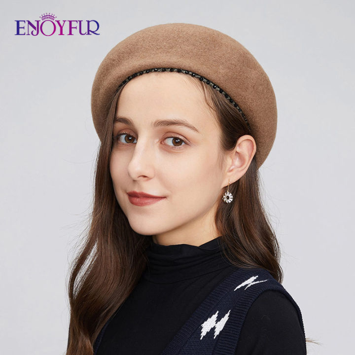 ENJOYFUR Winter Women Beret Hats Real Australian Wool Fedora Caps For Female Warm Soft Plain Casual Party French Felt Beret Hat
