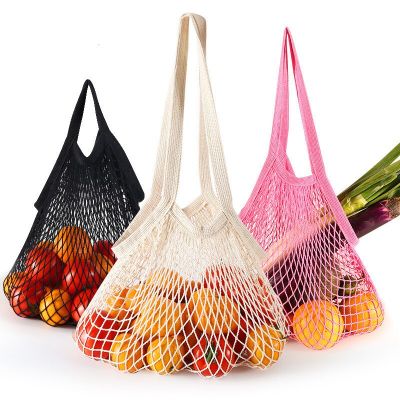 Portable Reusable Grocery Bags Fruit Vegetable Bag Washable Cotton Mesh String Organic Organizer Handbag Short Handle Net Tote