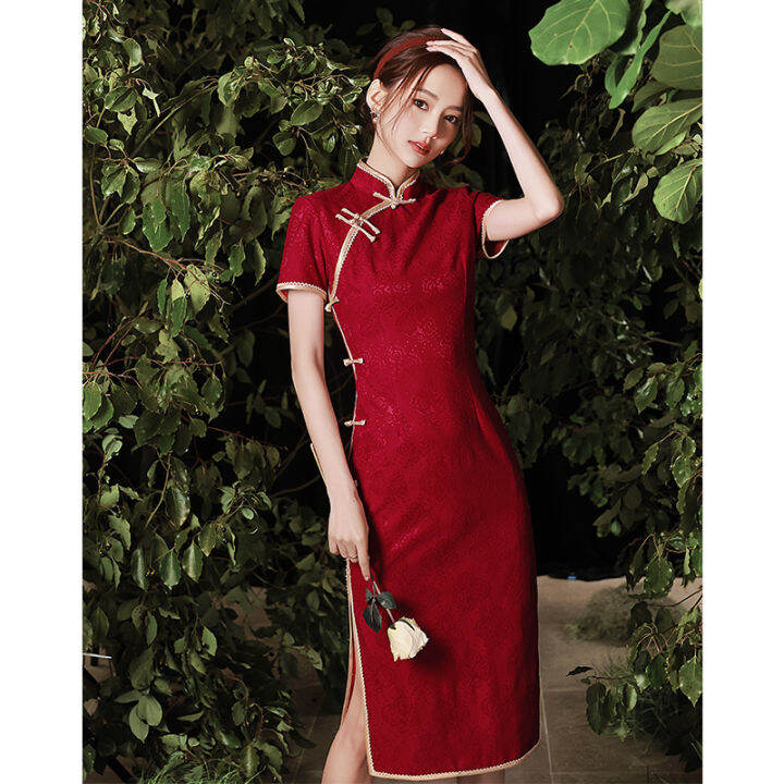 สีแดงปรับปรุง-cheongsam-ขนมปังเจ้าสาวเสื้อผ้าความรู้สึกระดับไฮเอนด์ชายหนุ่มตัวเล็กวิทยาลัยการตรวจสอบทางเข้า2022