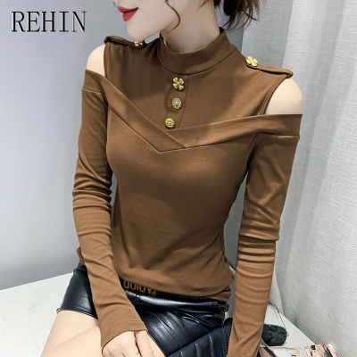 REHIN เสื้อยืดผู้หญิงแขนยาว2023ฤดูใบไม้ร่วง,มาใหม่ล่าสุดเข้ารูปดีไซน์อินเทรนด์เผยให้เห็นไหล่คอสูง