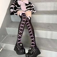 【LZ】✥✚  Joelho alto Lolita Long Black Socks para meninas meias de coxa punk gótico retro Spider Web crânio fofo japonês Y2K