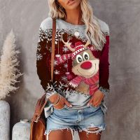 Christmas Printed Long Sleeve Top For Women Clothing 2023 Autumn Shirt Blouse Casual Loose T-Shirt Tee Female Xmas Deer Pullover