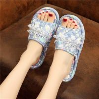 【Ready Stock】Korean Style Cotton Floral Home Indoor Non-Hurt Floor Cloth Bottom Slippers Mute Soft Bottom Men and Women Summer Four SeasonsFULE