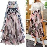 2022 Spring Summer Casual Woman Chiffon Skirts Vintage Printing Elastic Waist Sashes A-LINE Lining Mid-Calf Office Lady Skirts