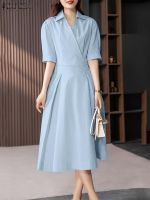 【HOT】❏ ZANZEA Shirt V Neck Short Sleeve Vestidos Loose Sundress Pleated Robe Dresses