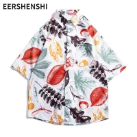 EERSHENSHI เสื้อฮาวายวินเทจของผู้ชายเสื้อแขนสั้นพิมพ์ลายผ้าฝ้ายลำลองเสื้อยืดทรงโอเวอร์ไซส์