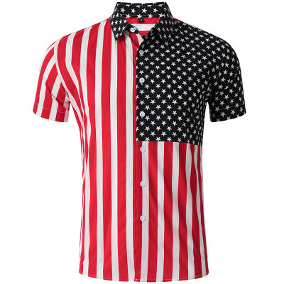 ZZOOI Patchwork Blue Star Red Striped Flag Dress Shirts For Men Short Sleeve Front Button Soft Cotton Young Boy Classic Casual Shirts