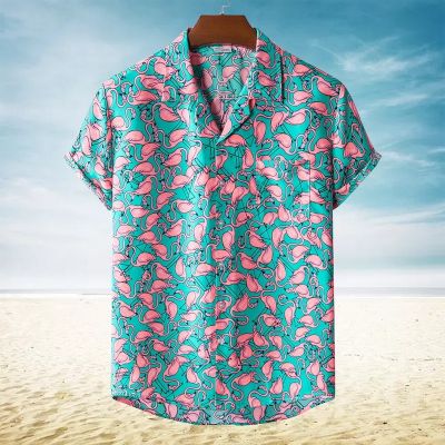 เสื้อฮาวายพิมพ์ลายฟลามิงโกของผู้ชายสำหรับฤดูร้อน2022ปาร์ตี้แขนสั้นชายหาดตามเทศกาล