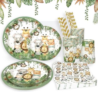 ✿۩✶ Safari Jungle Birthday Party Supplies Kids Disposable Tableware Cups Plates Napkins Straws Baby Shower Animals Party Decorations