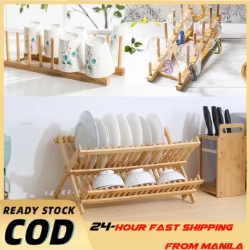 Dish Rack,Bamboo Folding 2-Tier Collapsible Drainer Dish Drying Rack With  Utensils Flatware Holder Set (Dish Rack With Utensil Holder)