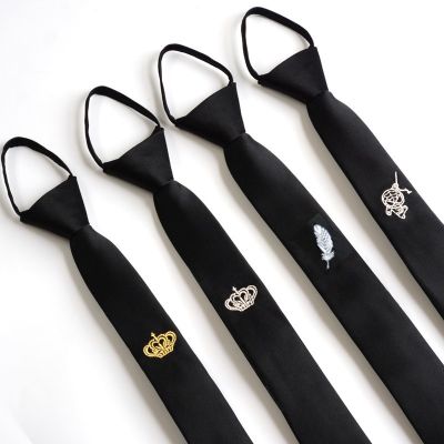 Narrow Tie Men 39;s Lazy Necktie Business Drawstring Easy Embroidery Crown Black Style Bee Tiger College British Neckwear