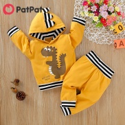 PatPat Baby Boy Dinosaur Print Striped Cuff Hooded Pullover And Pants Set