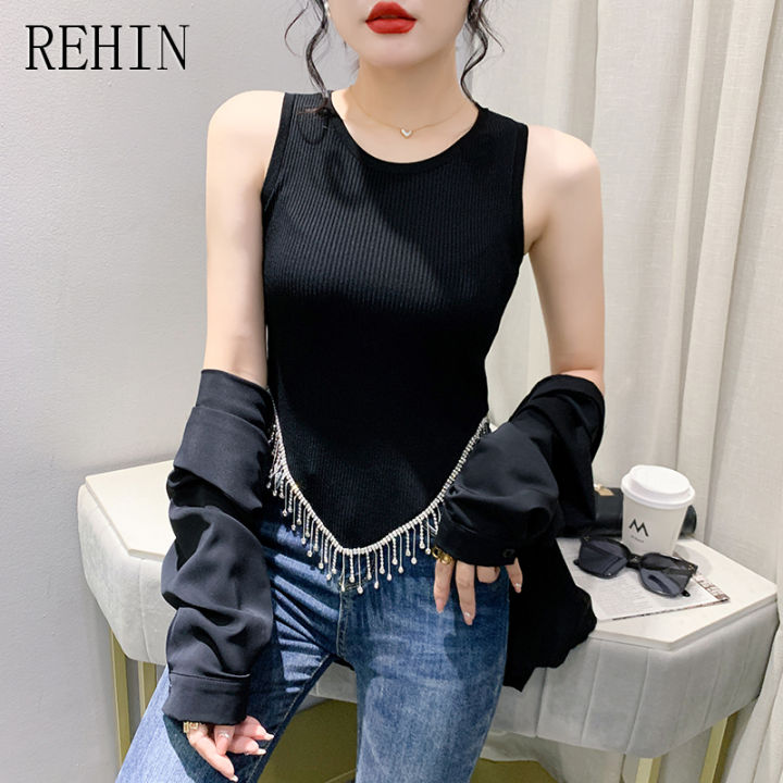rehin-เสื้อยืดแขนสั้นสำหรับผู้หญิง-เสื้อแฟชั่นใหม่อเนกประสงค์เข้ารูปเรียบง่ายเสื้อสวมหัวแขนกุดถักด้วยเพชรแบบไม่สม่ำเสมอเสื้อกั๊กลำลองฤดูร้อน