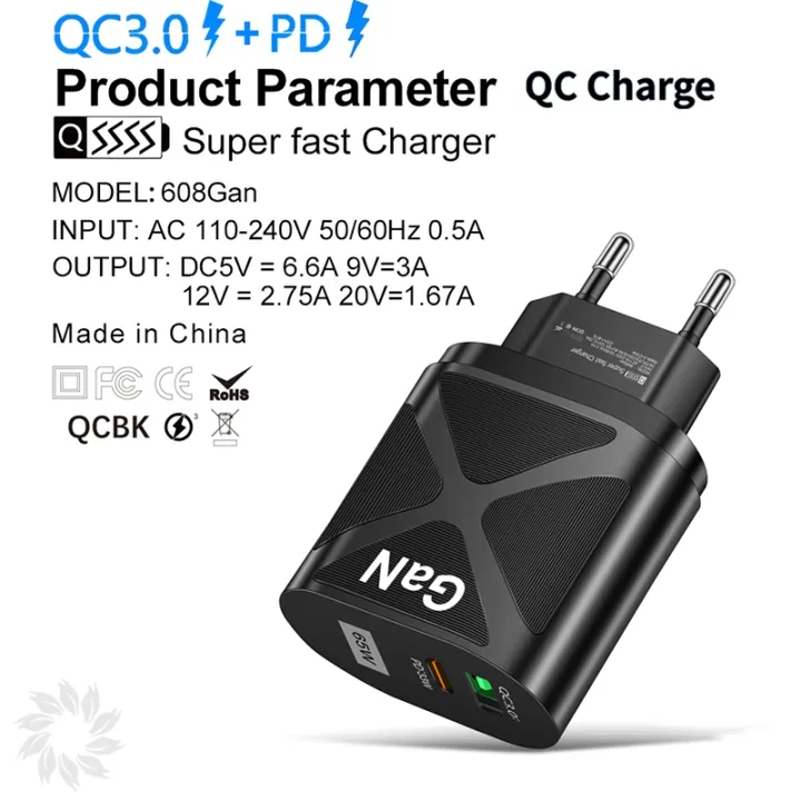 DISOUR Original 65W GaN Fast Charger US/EU/UK Plug Type-C PD+QC3.0 USB 5V/6.6A 9V/3A 12V/2.75A 20V/1.67A Quick Charging For Infinix iPhone Xiaomi Redmi Huawei Oppo Vivi Charge Cable For IOS Android