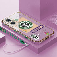 เคสเคสมือถือสำหรับ OPPO Reno7 Z 5G 7Z Reno 5G พร้อมฟรีสายคล้อง + โลโก้ Starbucks แฟชั่นชุบขอบสี่เหลี่ยมฝาหลังนิ่ม