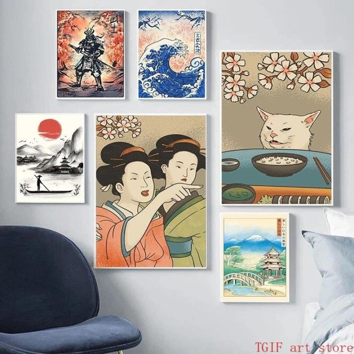 ญี่ปุ่น-ukiyoe-สไตล์โปสเตอร์และพิมพ์ผู้หญิงตะโกนที่แมวผ้าใบภาพวาด-koi-wall-art-ภาพตกแต่งบ้านไม่มีกรอบ