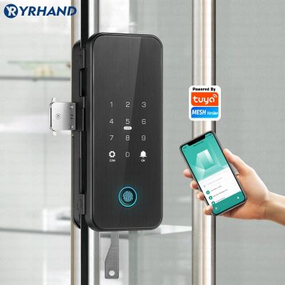 YRHAND สว่านฟรีบลูทูธรหัสบัตรสแกนลายนิ้วมือ RFID ไบโอเมตริกซ์การควบคุมระยะไกลแอป Tuya ล็อคประตูกระจกอัจฉริยะ