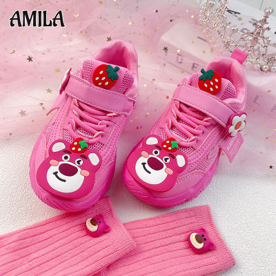 AMILA รองเท้ากีฬาสำหรับเด็ก,รองเท้าวิ่งระบายอากาศได้ดีลายการ์ตูนรองเท้าลำลองติดเวลโครสำหรับเด็กผู้หญิงรองเท้าหมีสตรอเบอร์รี่