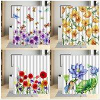 Plant Flowers Shower Curtain Colorful Butterfly Red Poppy Floral Yellow Flower Bathroom Decor Curtain Home Waterproof With Hooks