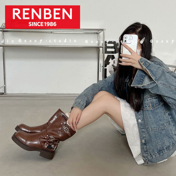 renben-รองเท้าบูท-martin-ส้นหนาสีดำเรียบง่ายของผู้หญิงรองเท้าบูทอัศวินส้นหนาสไตล์อังกฤษ-sepatu-boot-pendek-ระเบิดได้