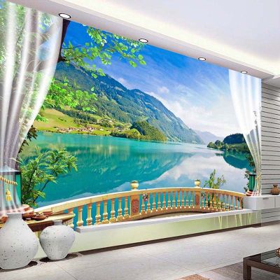 [hot]Custom 3D Photo Wallpaper Balcony Window Blue Sky White Clouds Lake Forest Scenery Living Room Sofa TV Backdrop Mural Wall Paper