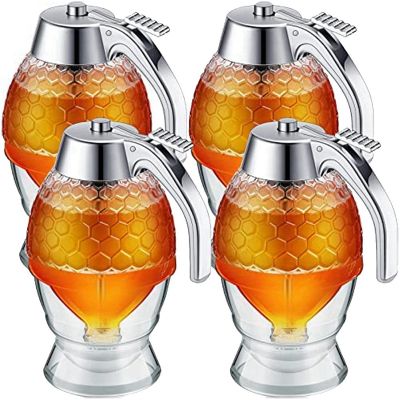 Honey Dispenser Syrup Dispenser Acrylic Honey Pot No Drip Honey Pourer Dispenser for Pancakes Syrup Honey Sugar 4Pc