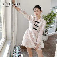 CHEERART Jacquard Pink Vintage Dress Women 2021 Long Sleeve Tunic V Neck Laides A Line Mini Cheongsam Dress Designer Clothes