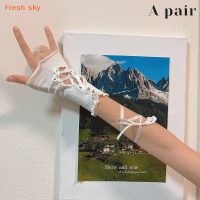 Fresh sky ถุงมือ DIY สไตล์โลลิต้าสาวหวานมีเชือกผูกแขนมีระบายถุงมือไม่มีนิ้วสไตล์กอธิคสำหรับผู้หญิง1คู่อุปกรณ์เสริมฮาโลวีน