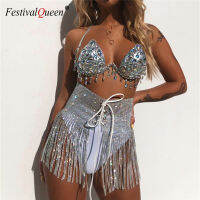 Shiny Gems Rhinestones 3ชิ้นชุดผู้หญิง Halter Fringes เซ็กซี่กางเกงกระโปรงชุด Summer Beach Party Club ชุด