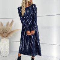 [COD] independent station cross-border European and fashion womens autumn winter new long-sleeved blue polka-dot dress mid-length