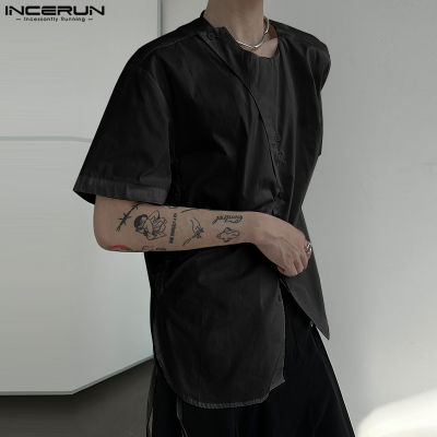 INCERUN เสื้อเบลาส์ลำลองมีกระดุมสำหรับเสื้อแบบมีเชือกรัดข้างมีผู้ชายแขนสั้น (สไตล์เกาหลี)