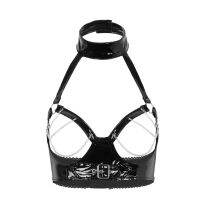 Women Sexy Wetlook Open Up Leather Bra Hot Breast Exposing Hollow Out Ladies Glossy Latex Bra Halter Neck With Chain Sexi【Sekexi-097】 l.m