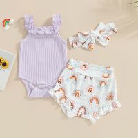 Newborn Infant Baby Girls Shorts Set Sleeveless Romper with Rainbow Print Shorts and Hairband 3pcs Clothes Sets Summer Outfit  by Hs2023