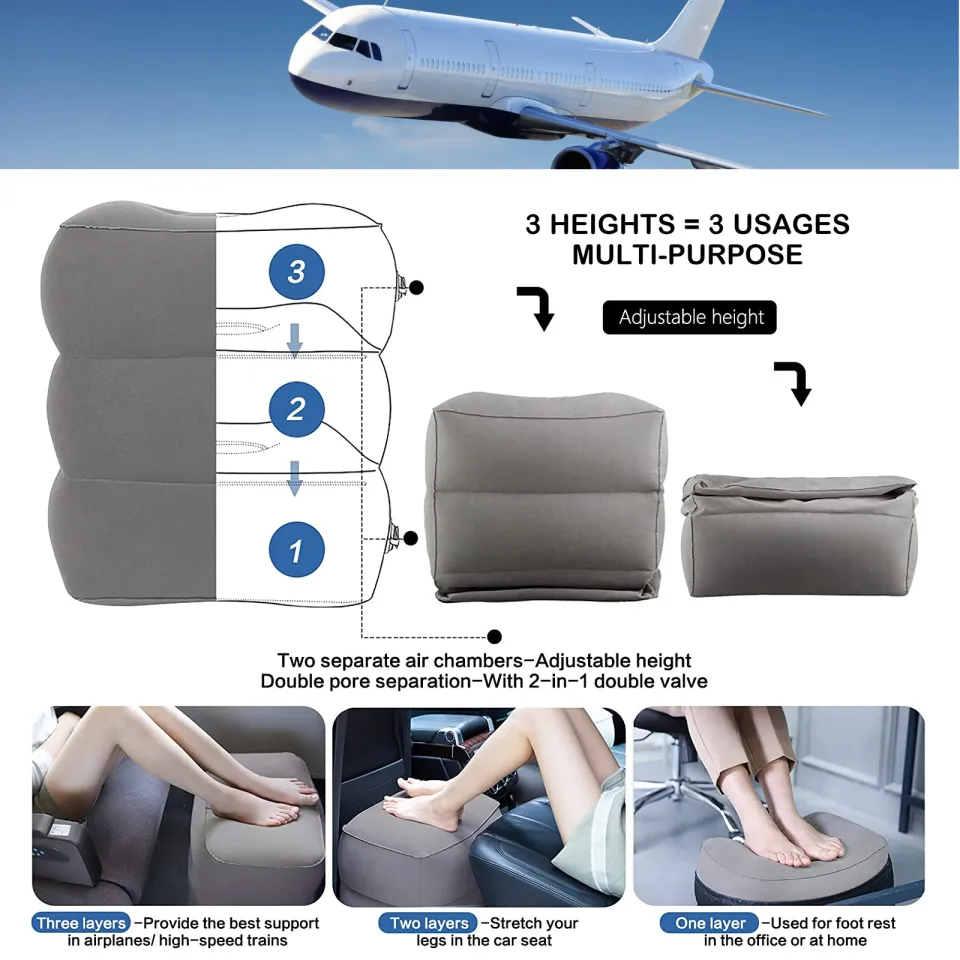 JefDiee Inflatable Travel Foot Rest Pillow, Kids Airplane Bed, Adjustable 3  Layers Height Leg Rest Pillow, Adults Travel Essentials Great for