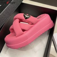 【CC】✤❁  Shoes Woman 2023 Female Slippers Luxury Slides Platform Med New Soft Flat Designer Rubber Fashion Cross-tied