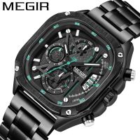 MEGIR mens square steel belt butterfly buckle luminous waterproof watch multifunctional watch