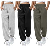 HOT★Joggers ผู้หญิงสีทึบกีฬาและ Leisure Drawstring กางเกงขากว้างและสายรัดกางเกงกีฬาฟิตเนสวิ่ง Sweatpants