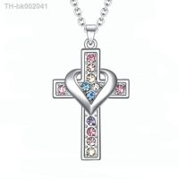 ❆﹍❇ Fashion Love Crystal Cross Religious Necklace for Women Charm Zircon Silver Plate Cross Pendant Jewelry Ladies Accessories Gift