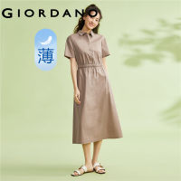 GIORDANO Women Dresses Button Placket Elastic Collect Waist Stretch Dresses Lightweight Short Sleeve Casual Dresses 05463345