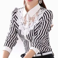 ☸✥ Fashion Women Blouse Long Sleeve Lace Tops Striped Turn-Down Collar Blouses Official Female Formal Shirt Spring Autumn