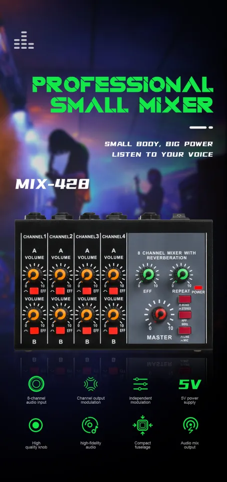 Naierhg MIX-428 Mini Mixer Powerful 60Hz Audio Cutting 8 Channels Power  Adapter/Battery Dual Use Audio Mixer for Live Streaming 