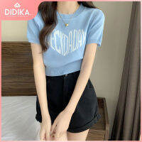 DIDIKA เสื้อยืดถักแขนสั้นพิมพ์ลายตัวอักษรรูปหัวใจสุดฮอตสีดำเสื้อตัวในฤดูร้อนเสื้อโชว์สะดือแบบสั้นผู้หญิง