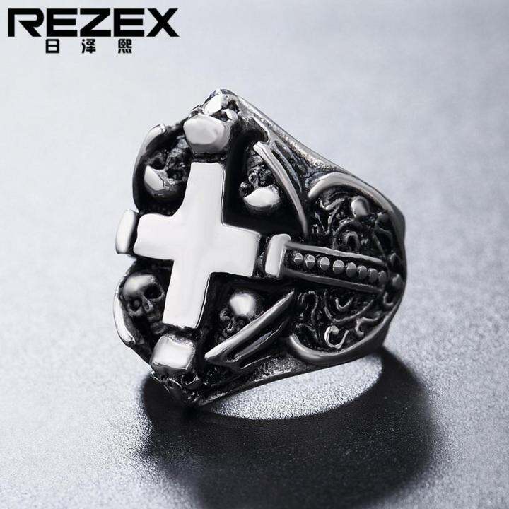 rezex-เครื่องประดับกะโหลกคู่แฟชั่นสำหรับผู้ชายแหวนเรโทรเหล็กไทเทเนียม