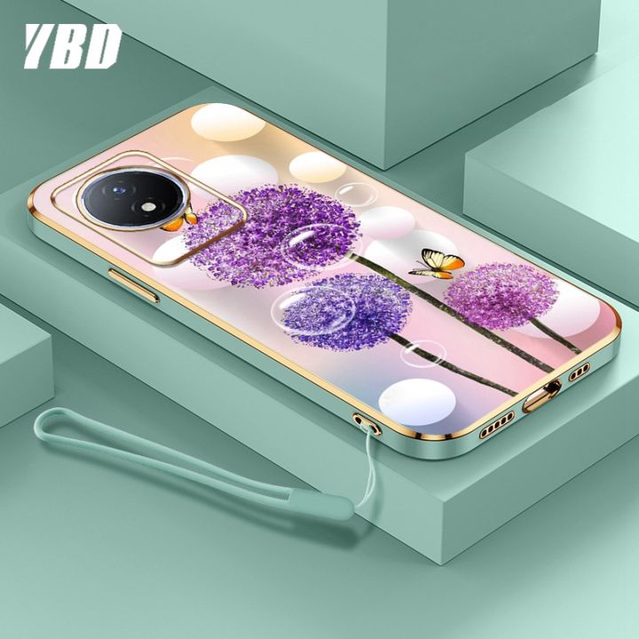 ybdเคสใหม่สำหรับ-vivo-y02-y02a-ชุบโครเมี่ยมสุดหรูนิ่มเคสโทรศัพท์แฟชั่นสีสันสดใสฟรีสายคล้องเคสแบบดอกไม้ผีเสื้อ