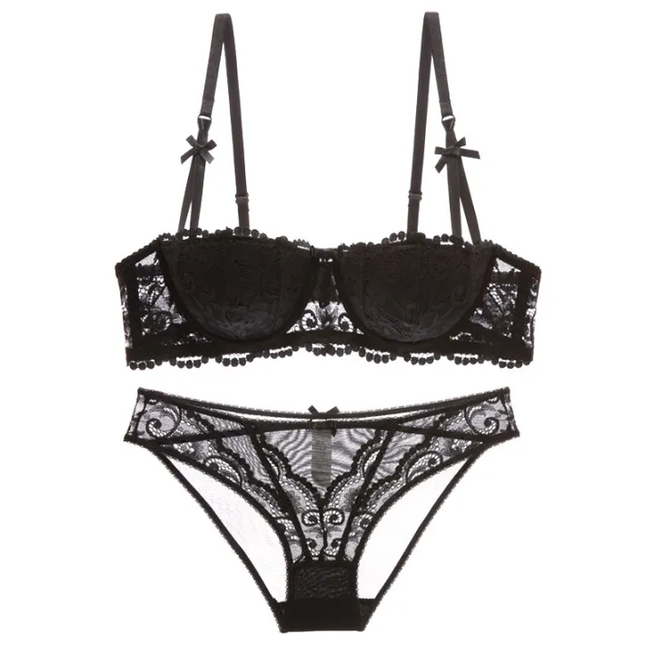 Thin Cotton Sexy Half Cup Bra And Panties Sets Black Women Lace ...