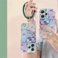 เคสโทรศัพท์ฝาครอบเต็มตัว TPU ดอกไม้ภาพวาดสีน้ำมันสำหรับ Redmi 12 4G 5G พร้อมสายรัดข้อมือทรงกลม