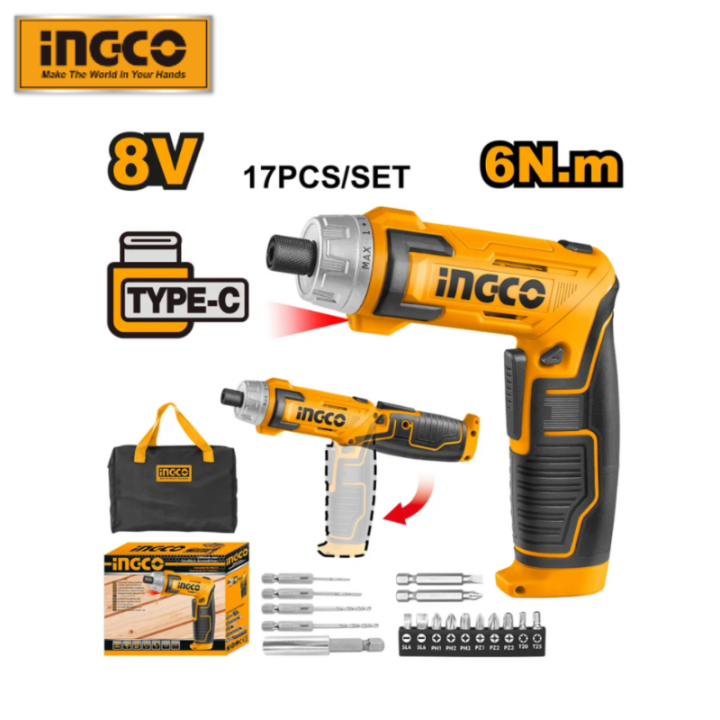 INGCO 8V 6Nm LithiumIon Cordless Screwdriver USB TypeC Cable with