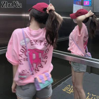 Zhu Xia เสื้อยืดสำหรับผู้หญิง,ใหม่ฤดูร้อนเสื้อทีเชิ้ตแขนสั้นลายตัวอักษรประเทศกระแสลมสีชมพู